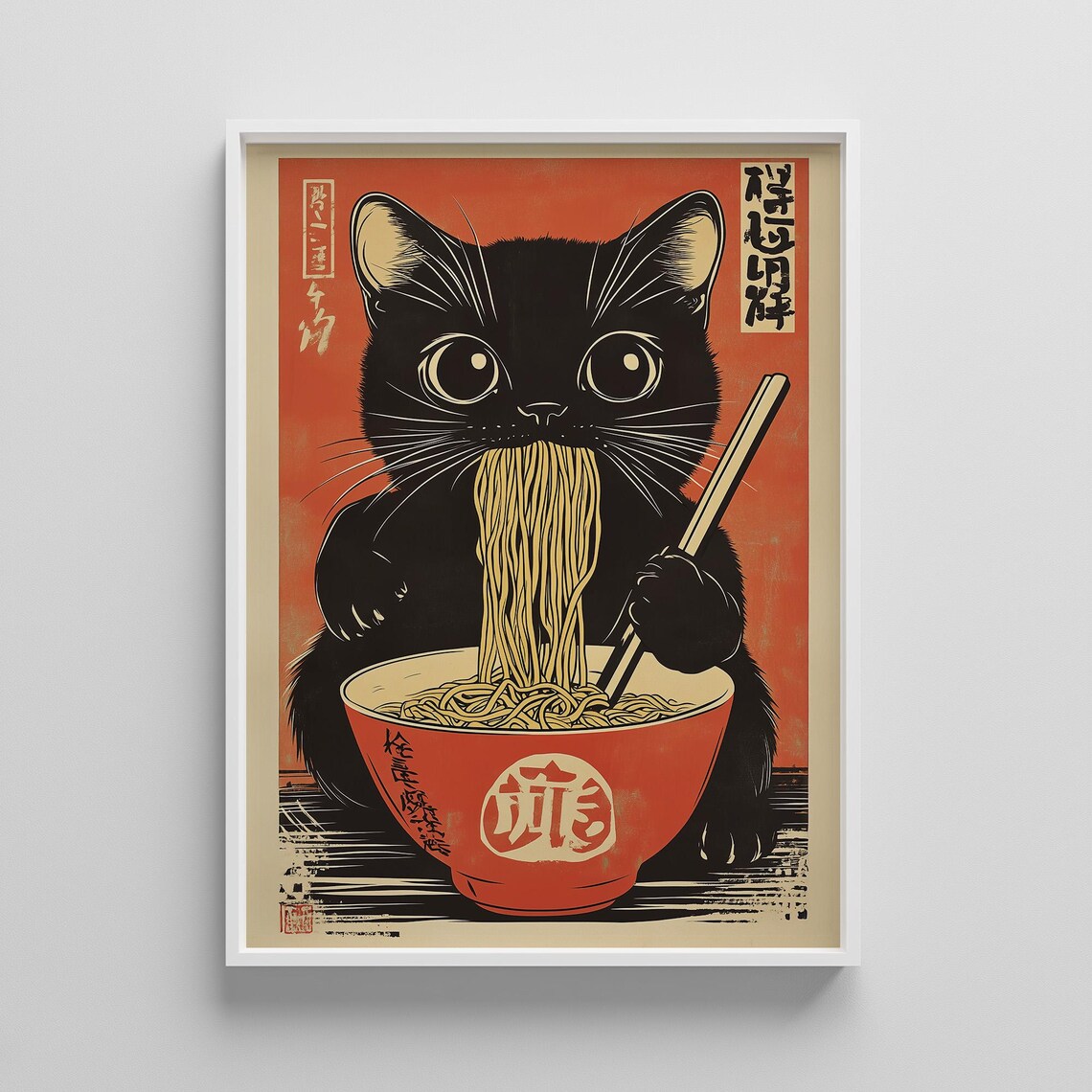Black Cat Eating Ramen Red Japanese Woodblock Cute Kitchen Art Poster