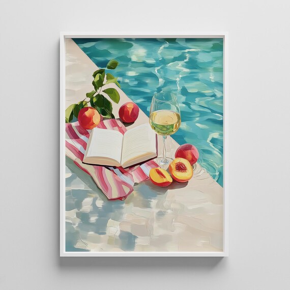 Poolside White Wine Peaches and Book Summer Still Life Art Print