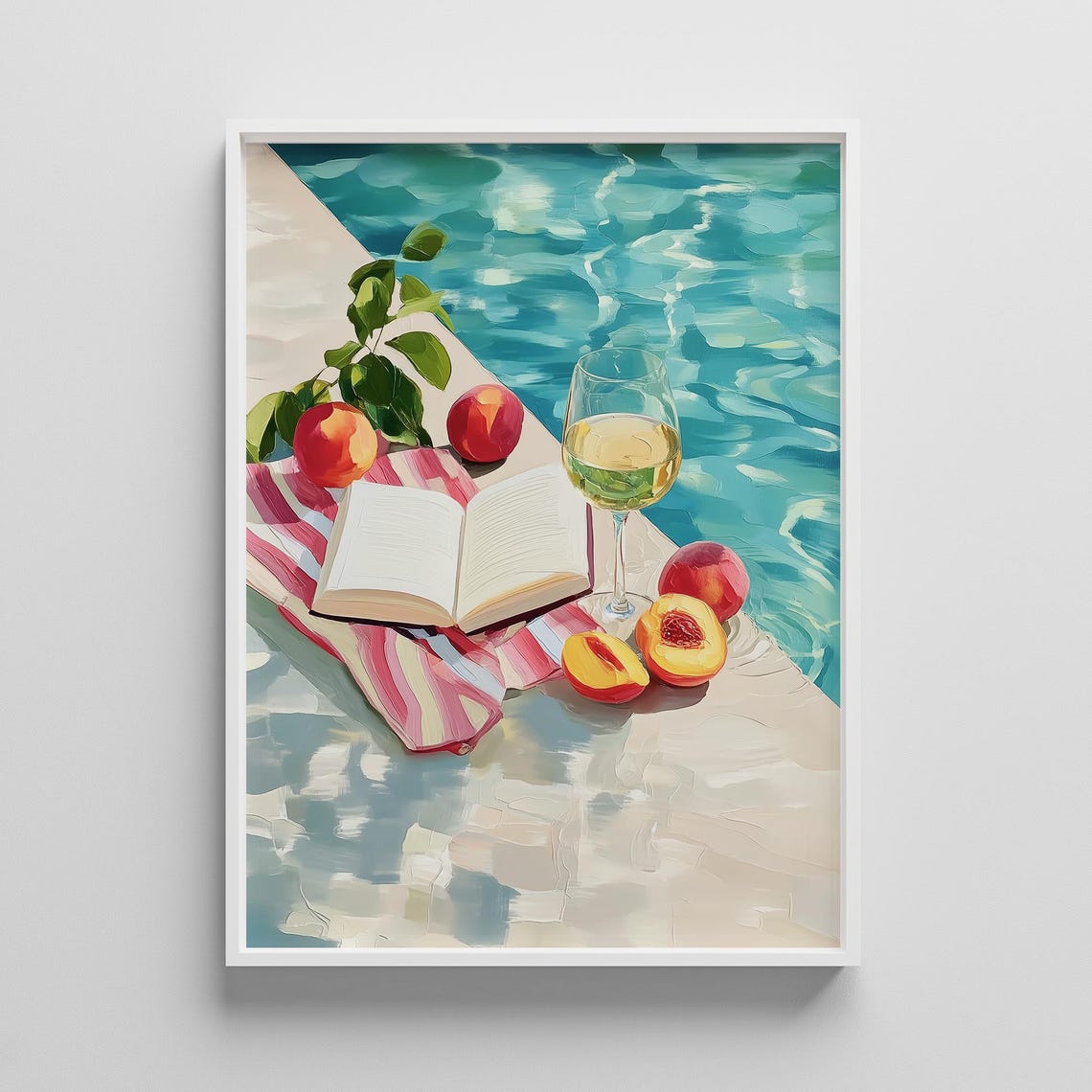 Poolside White Wine Peaches and Book Summer Still Life Art Print