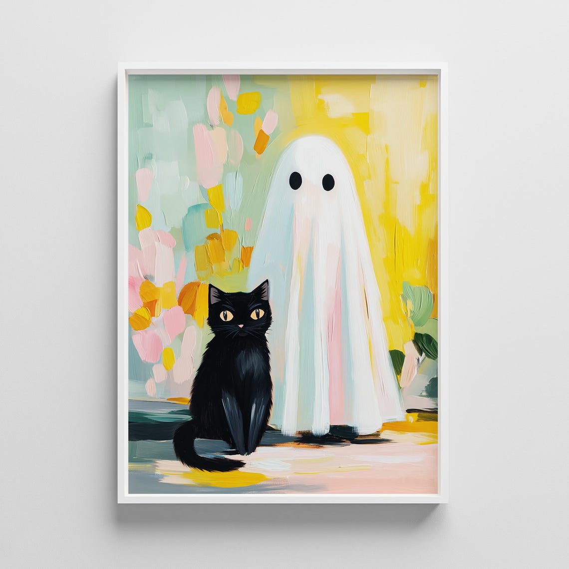 Cute With Black Cat Wall Art Whimsical Halloween Decor Pastel Adorable Print