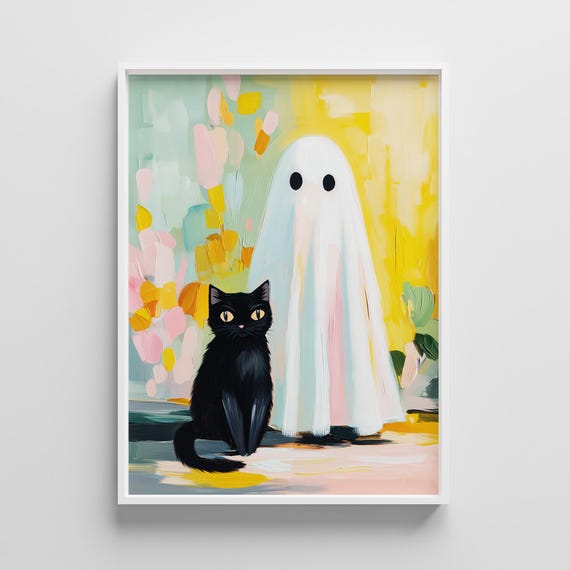 Cute With Black Cat Wall Art Whimsical Halloween Decor Pastel Adorable Print