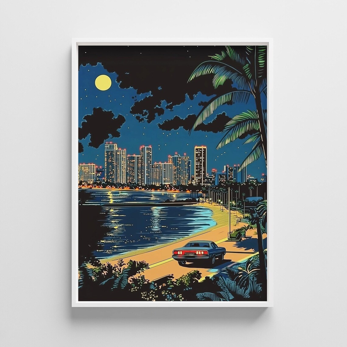 Retro Night City Skyline Full Moon Waterfront Vaporwave Art Poster