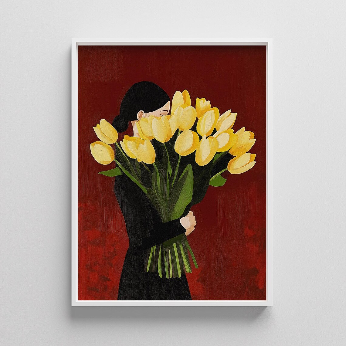 Woman With Tulips Art Print Red Floral Minimalist Illustration