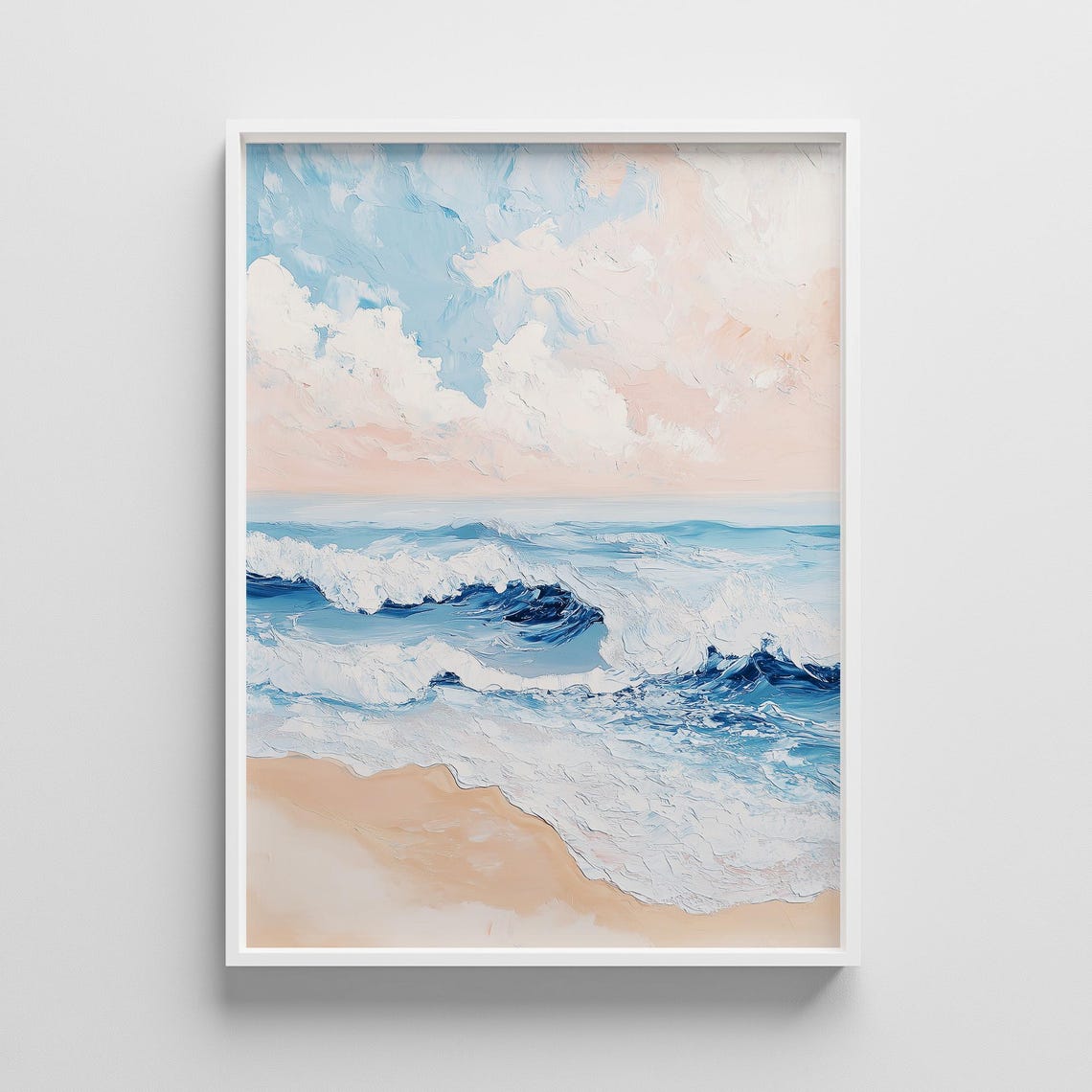 Pastel Ocean Waves Pink Sky Soft Coastal Seascape Oil Art Poster