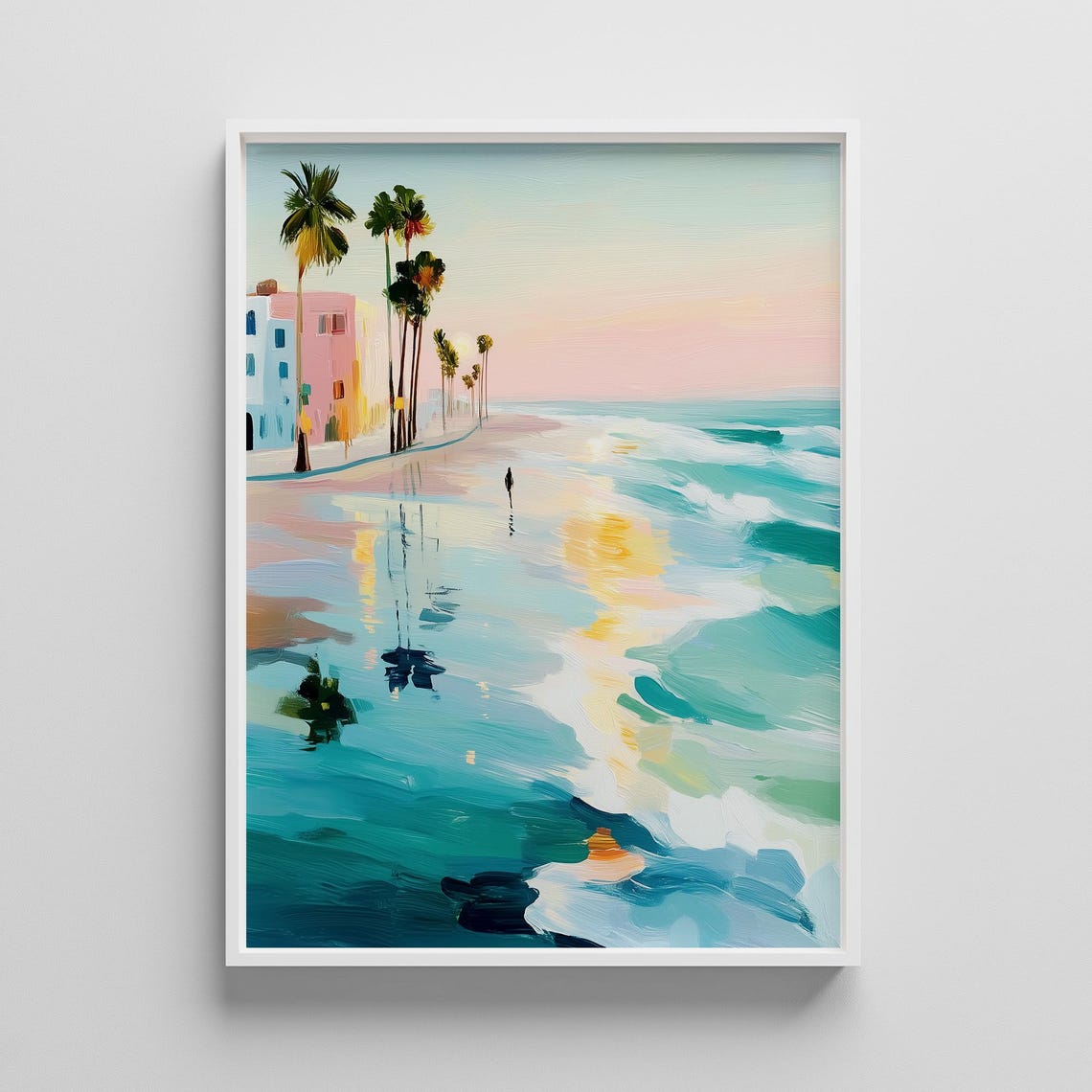 Pastel Beach Sunrise With Palm Trees And Surfer Coastal Art Poster