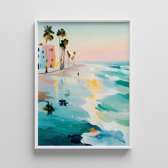 Pastel Beach Sunrise With Palm Trees And Surfer Coastal Art Poster