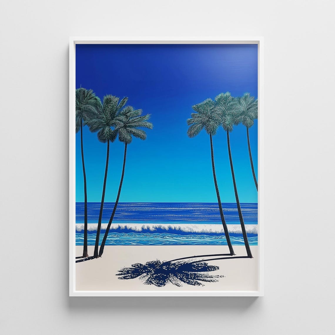 Palm Trees Ocean Waves Poster, Retro 80s Japanese Coastal Art Style