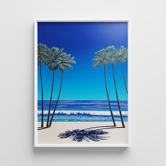 Palm Trees Ocean Waves Poster, Retro 80s Japanese Coastal Art Style