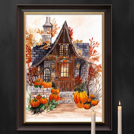 Vintage Pumpkin Cottage Watercolor Art Printcozy Fall Decor