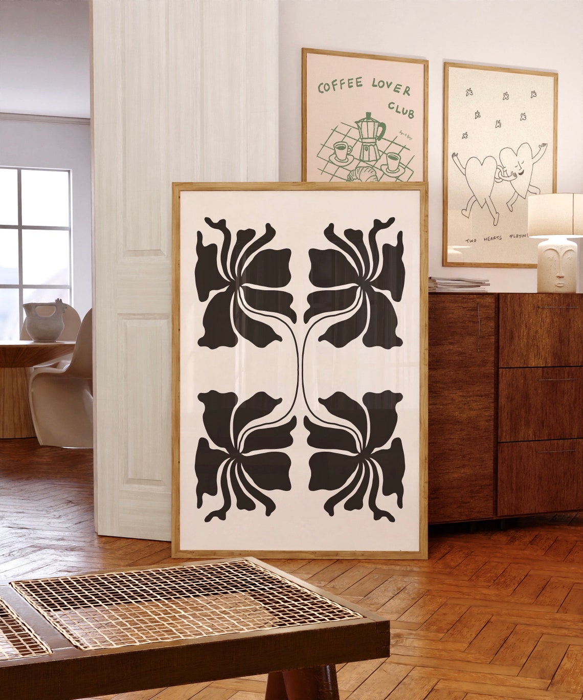 Black Floral Abstract Botanical Symmetry Cream Minimalist Wall Art