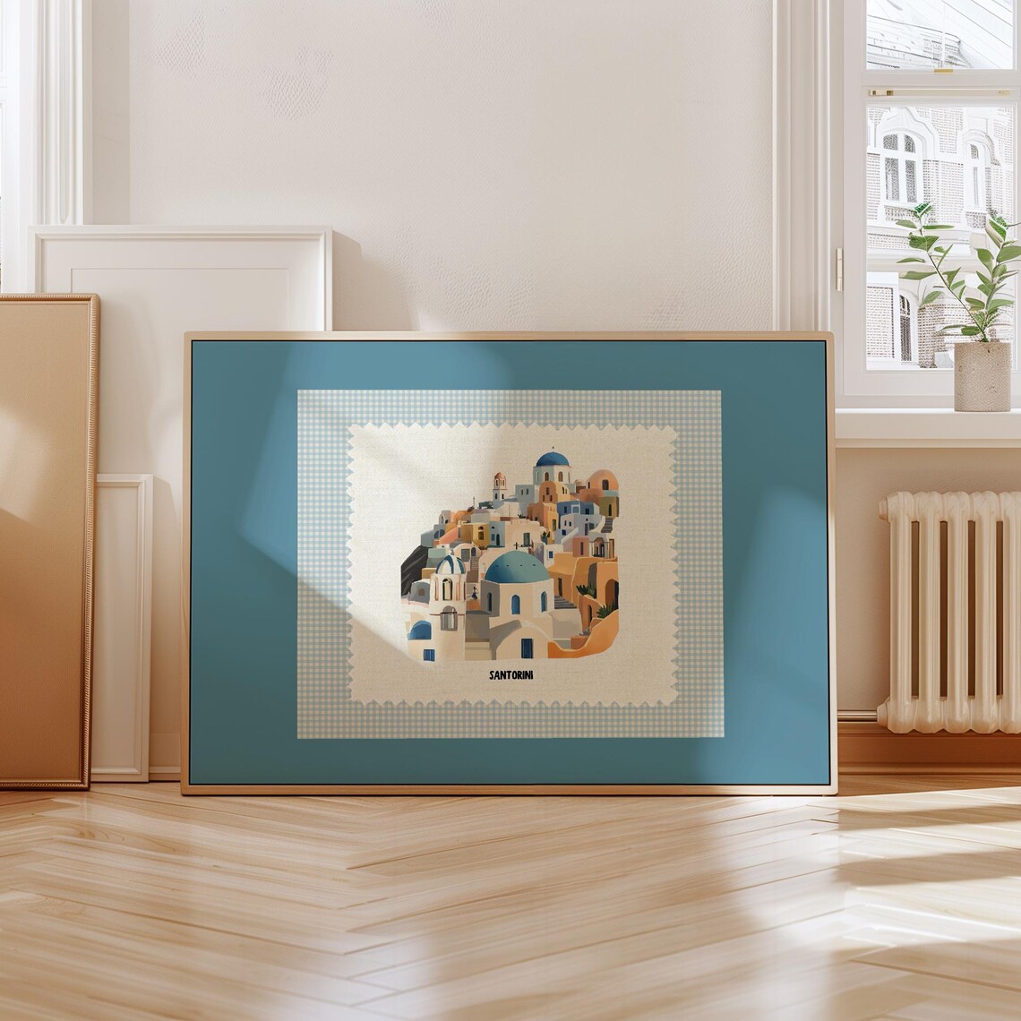 Santorini Greece Blue Domes White Village Travel Art Illustration Poster
