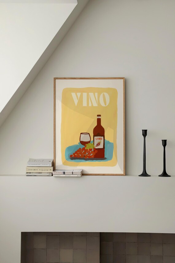 Vino Retro Italian Wine Bottle Glass and Grapes Bar Art Poster