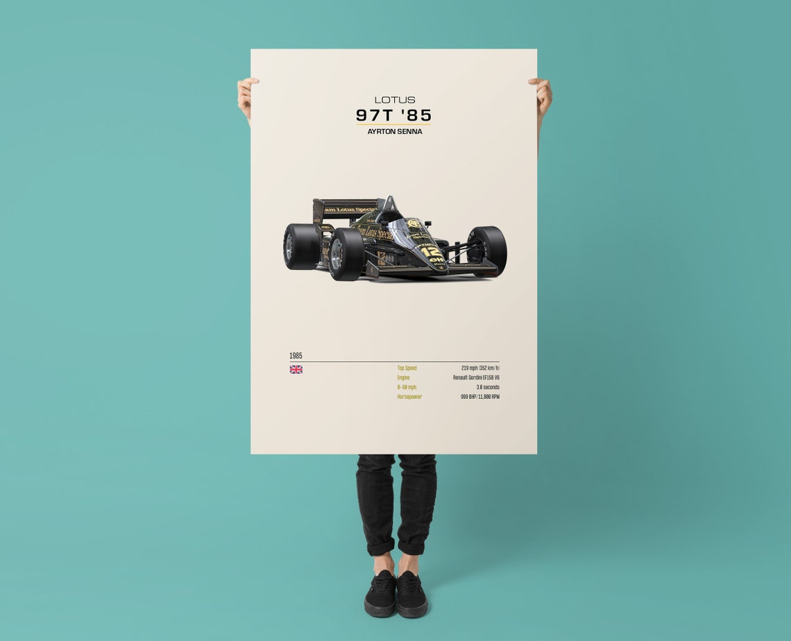 Ayrton Senna Lotus 97T 1985 Formula 1 Race Car Spec Sheet Poster - Image 2