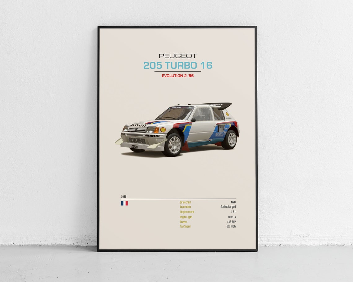 Peugeot 205 Turbo 16 Evolution 2 1986 Group B Rally Car Spec Poster
