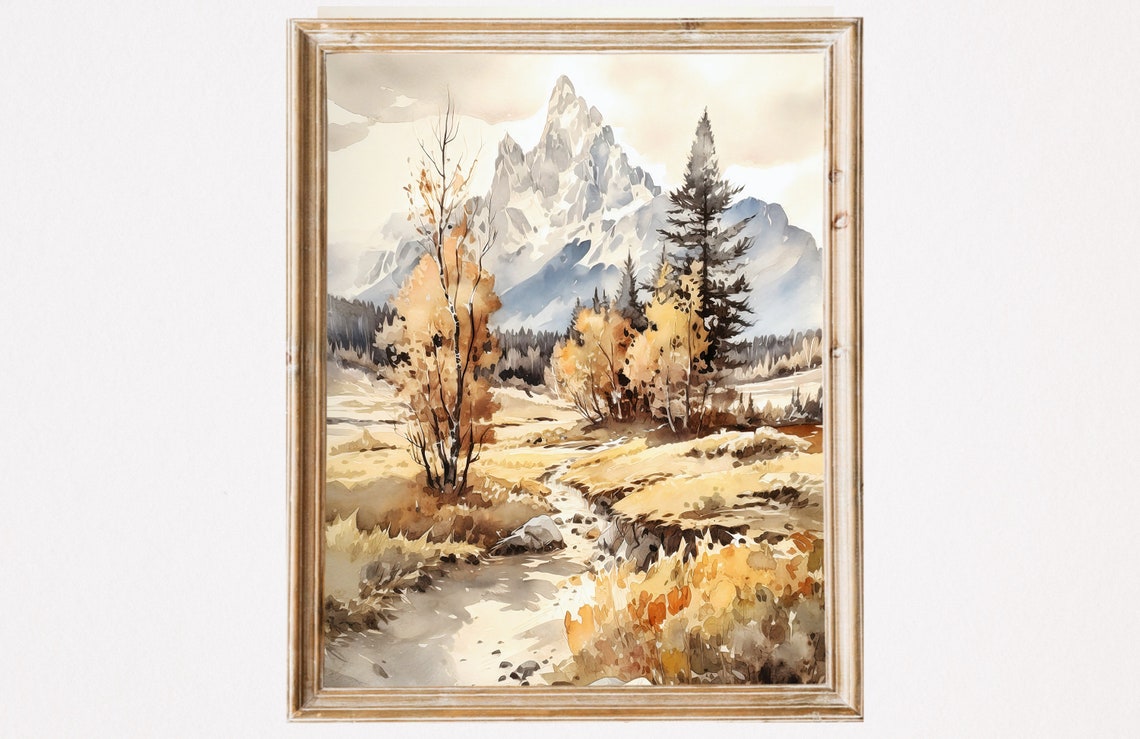 Golden Autumn Valley Stream Rugged Peak Fall Watercolor Poster - Image 4