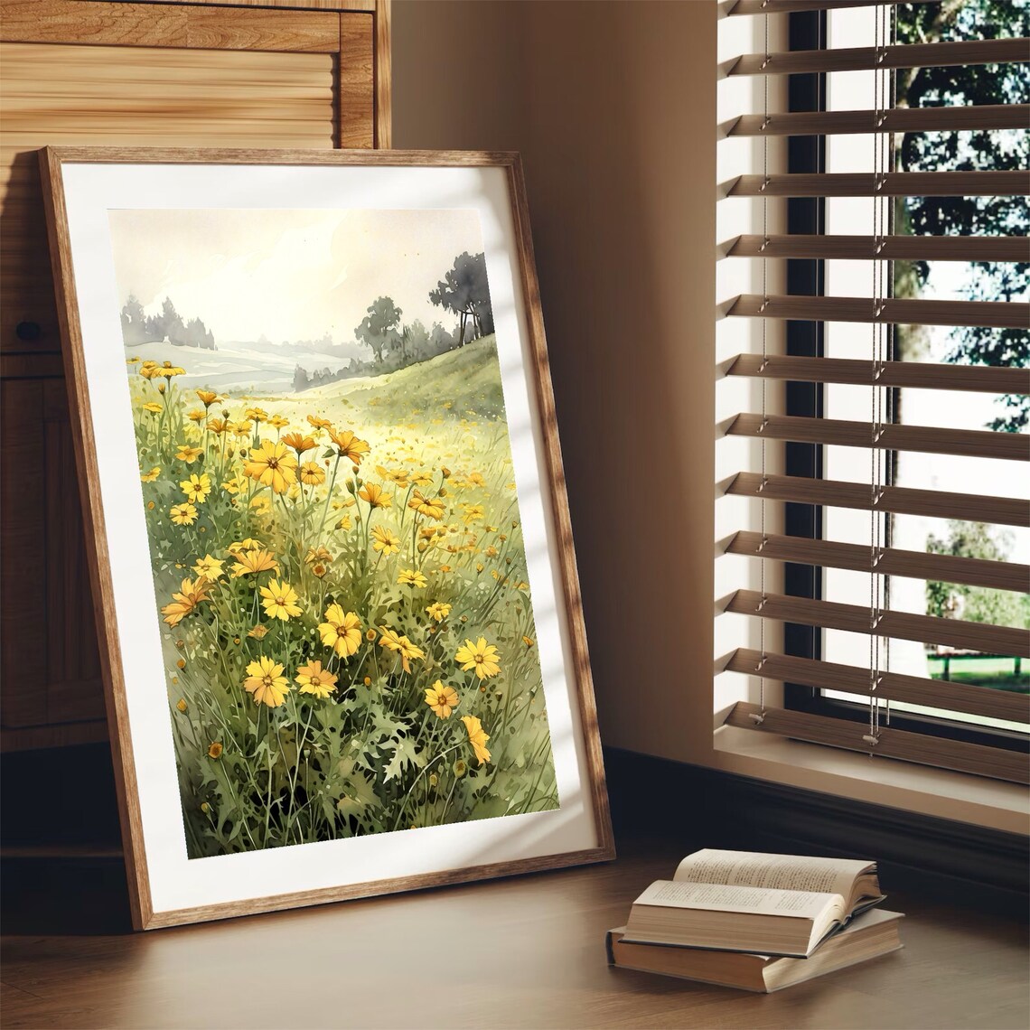 Yellow Wildflower Field Sunlit Meadow Watercolor Floral Art Poster - Image 4