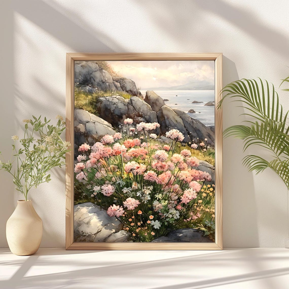 Rocky Seashore Pink Sea Thrift Flowers Calm Water Watercolor Poster - Image 2