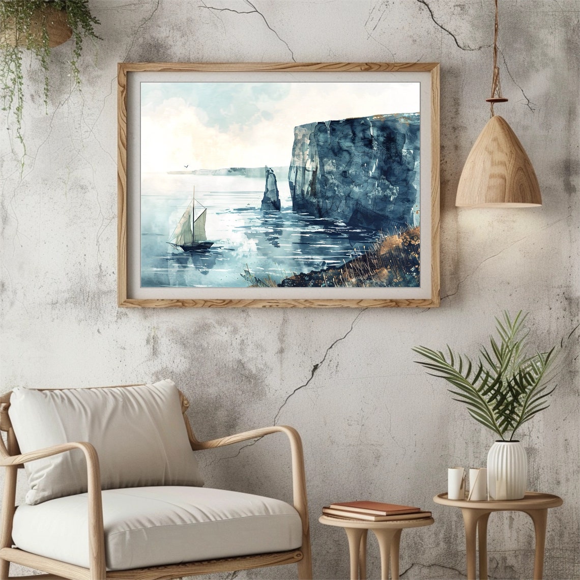 Sailboat By Blue Sea Cliffs Rocky Stack Watercolor Nautical Poster - Image 3