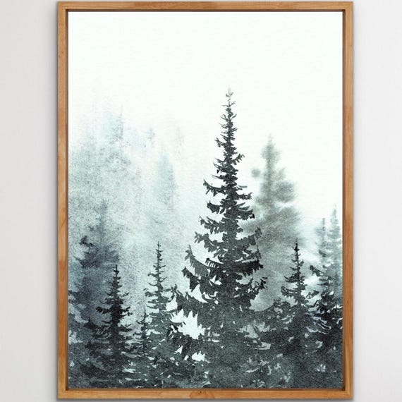 Foggy Trees Print Watercolor Art Pine Tree Painting Minimalist Wall Decor Misty Forest Evergreen Poster From Original