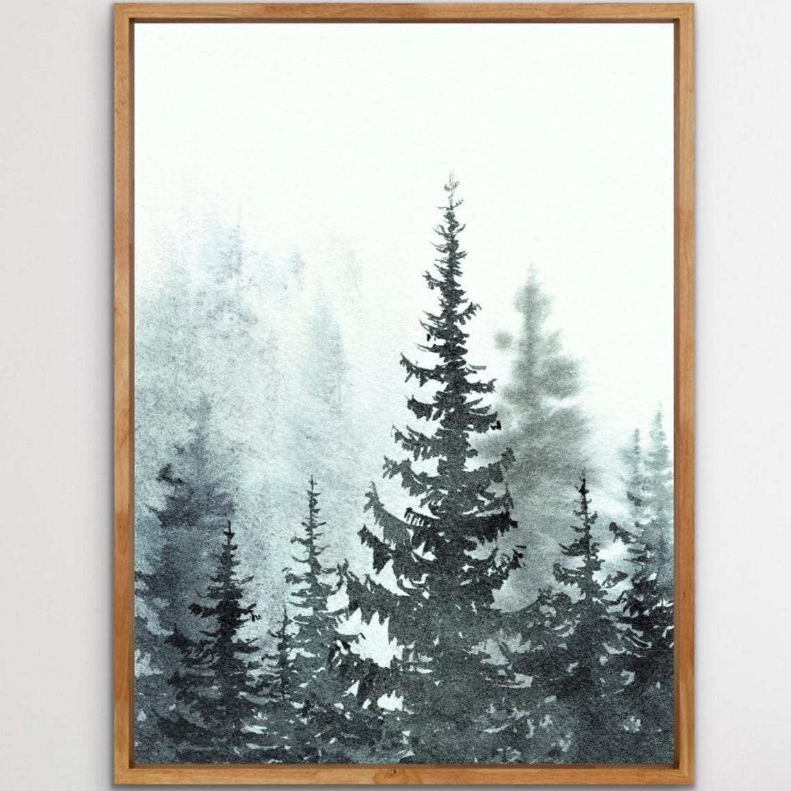 Foggy Pine Forest Misty Trees Calm Watercolor Nature Painting Print