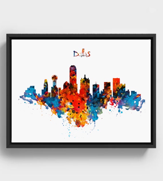 Colorful Dallas Skyline Watercolor Abstract Texas Cityscape