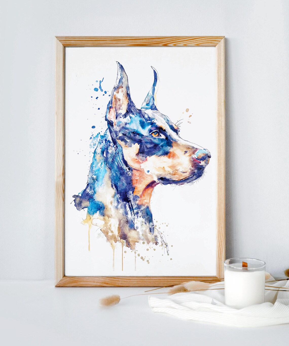 Elegant Doberman Watercolor Portrait Blue Splash Dog Art Poster