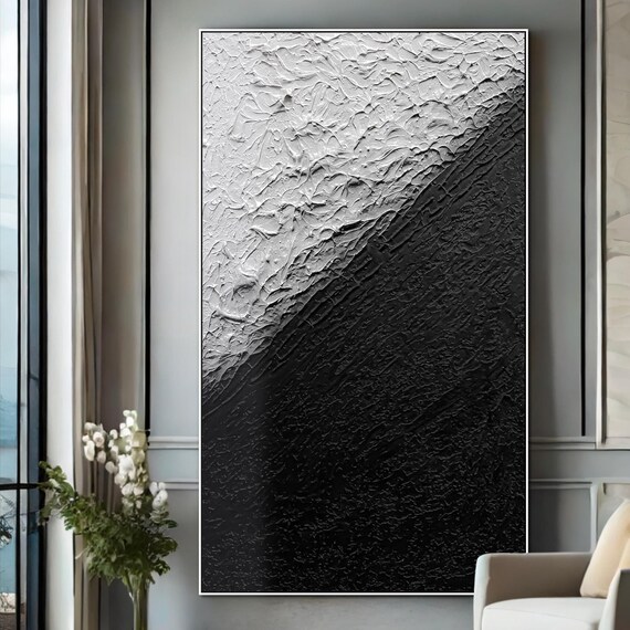 Bold Graphic Black White Diagonal Split Textured Abstract Poster