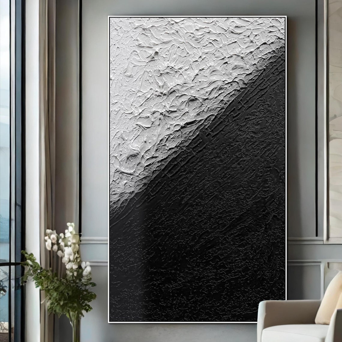 Bold Graphic Black White Diagonal Split Textured Abstract Poster