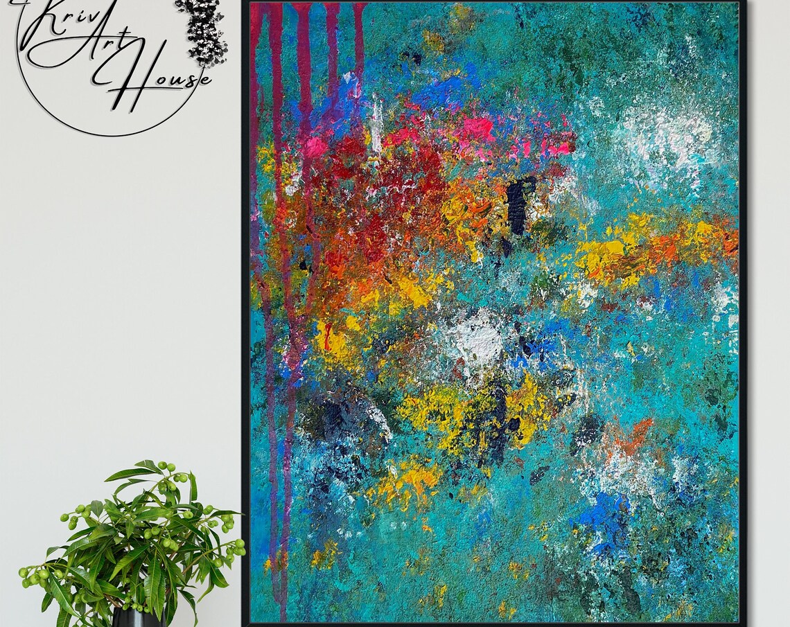 Teal Abstract Colorful Splatter Pink Yellow Orange Art Wall Print - Image 4