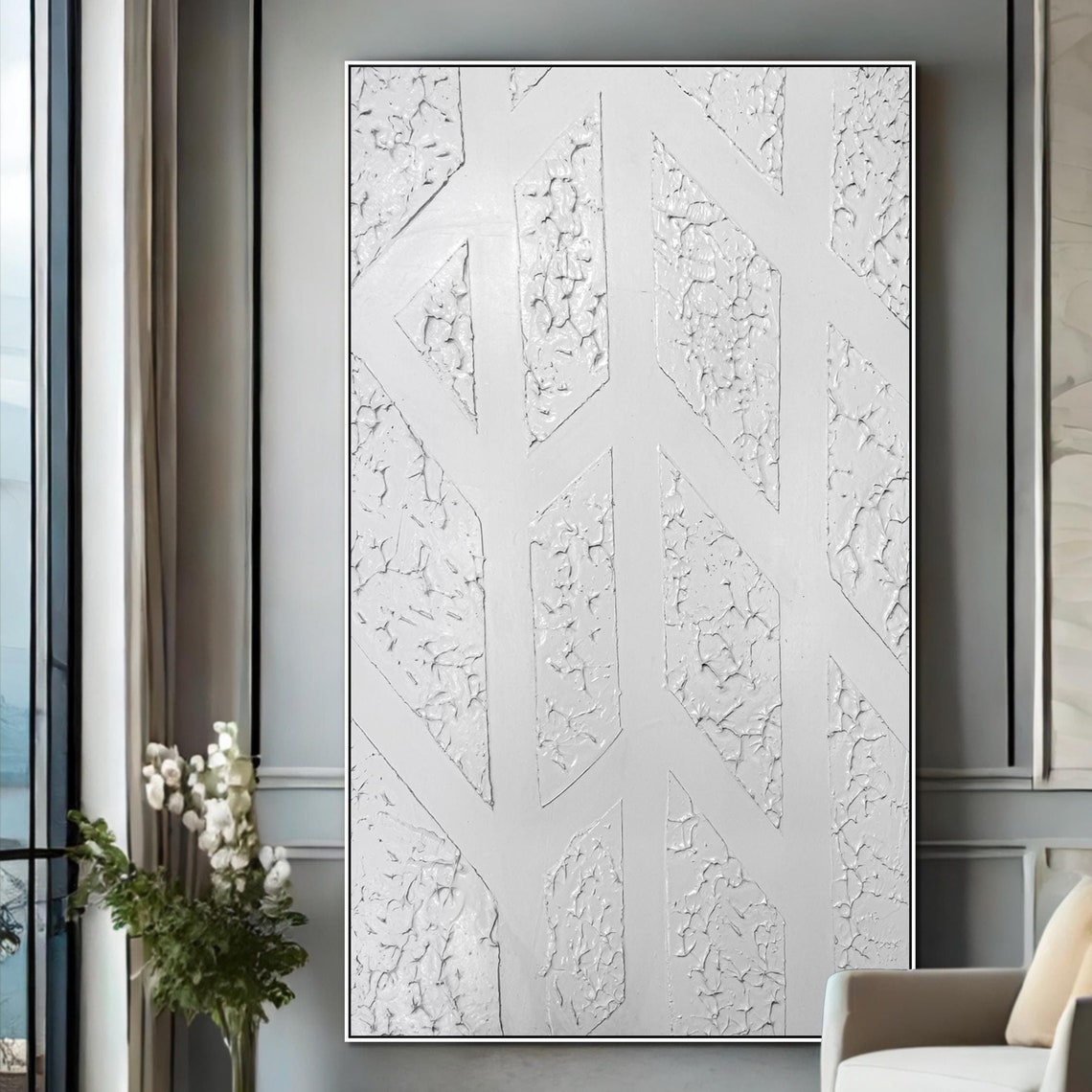 White Geometric Diamond Texture Minimalist Modern Relief Wall Art