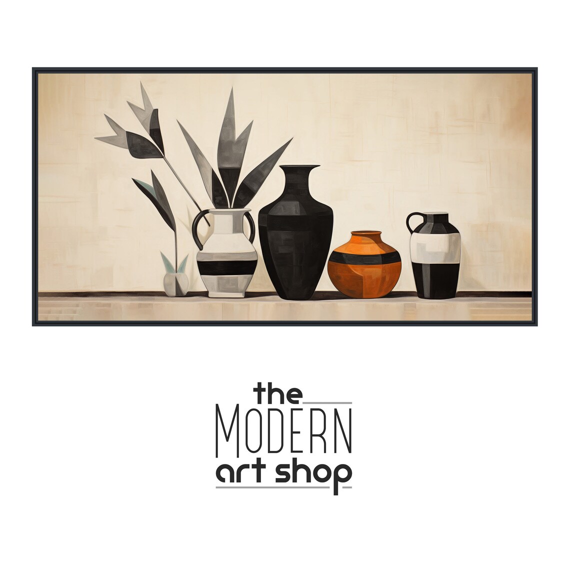 Minimal Desert Pottery Still Life Painting Beige Black Vases Wall Poster - Image 4