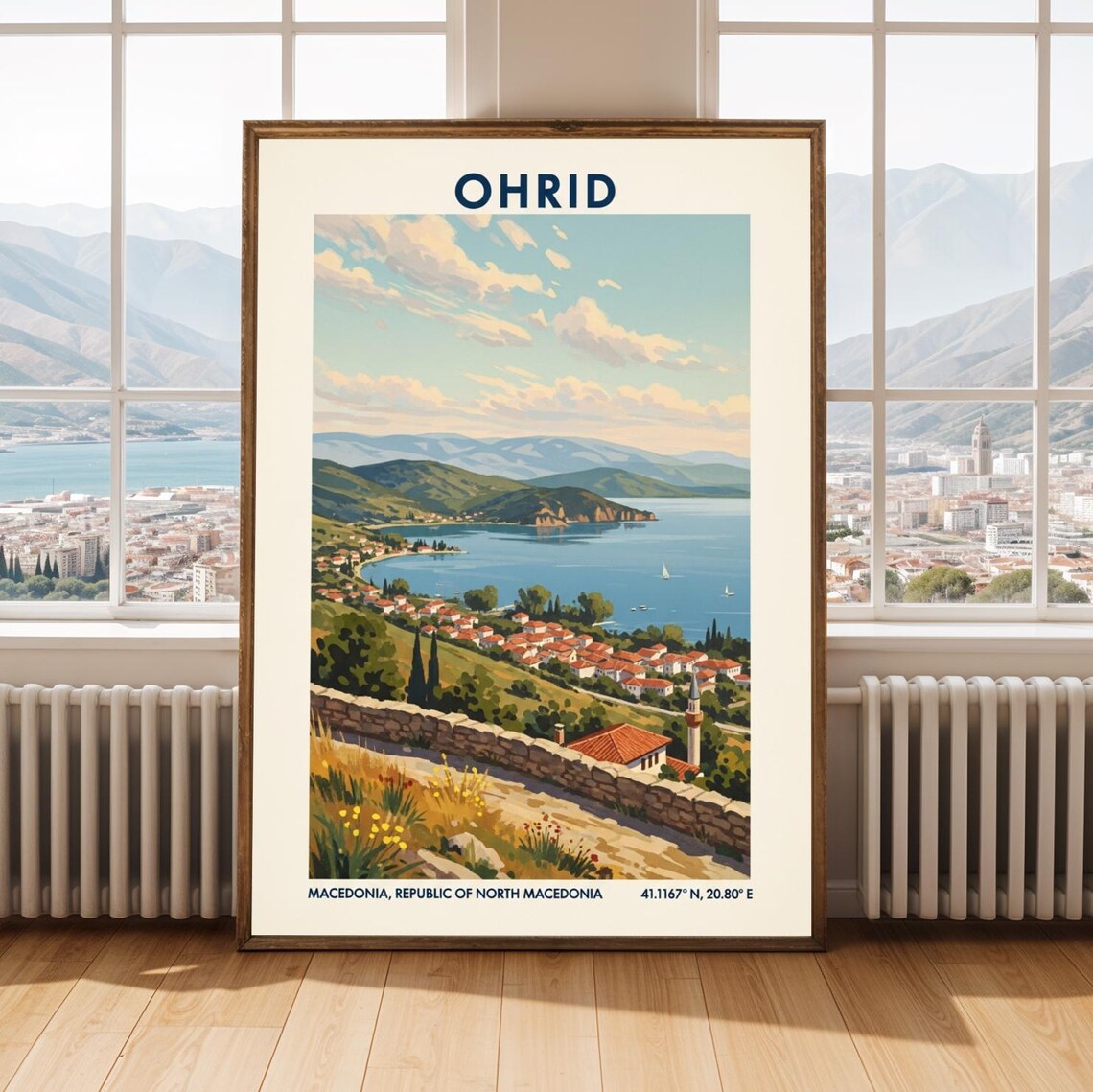 Ohrid North Macedonia Lake Landscape Vintage Travel Style Poster