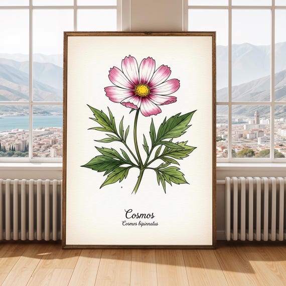Cosmos Flower Print Vintage Botanical Watercolor Illustration