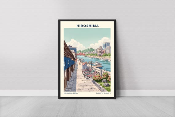 Hiroshima Riverside Print Retro Travel Poster Wall Art
