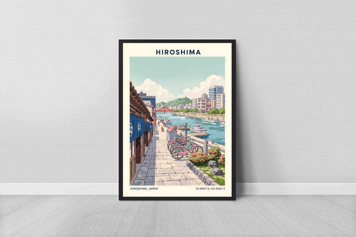 Hiroshima Riverside Print Retro Travel Poster Wall Art