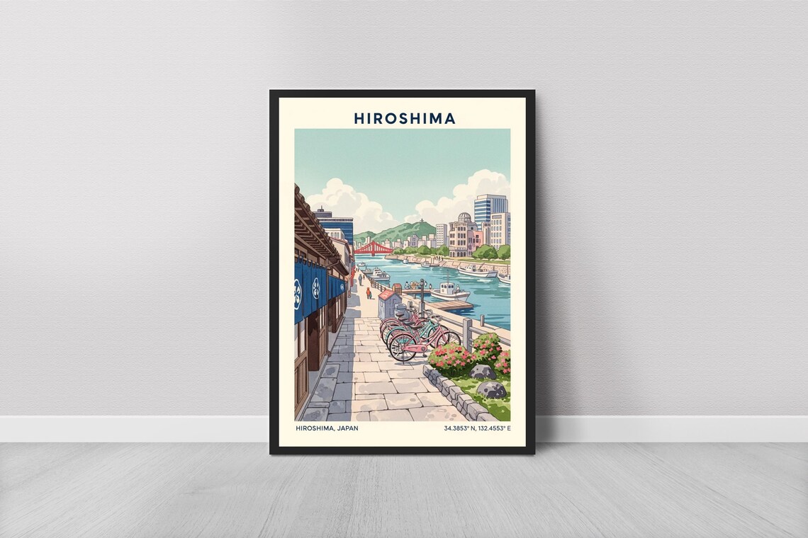 Hiroshima Riverside Travel Poster With Boats And City Promenade View