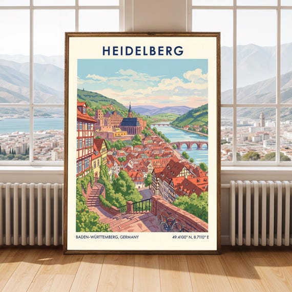 Heidelberg Germany Travel Poster Vintage Style Cityscape Art