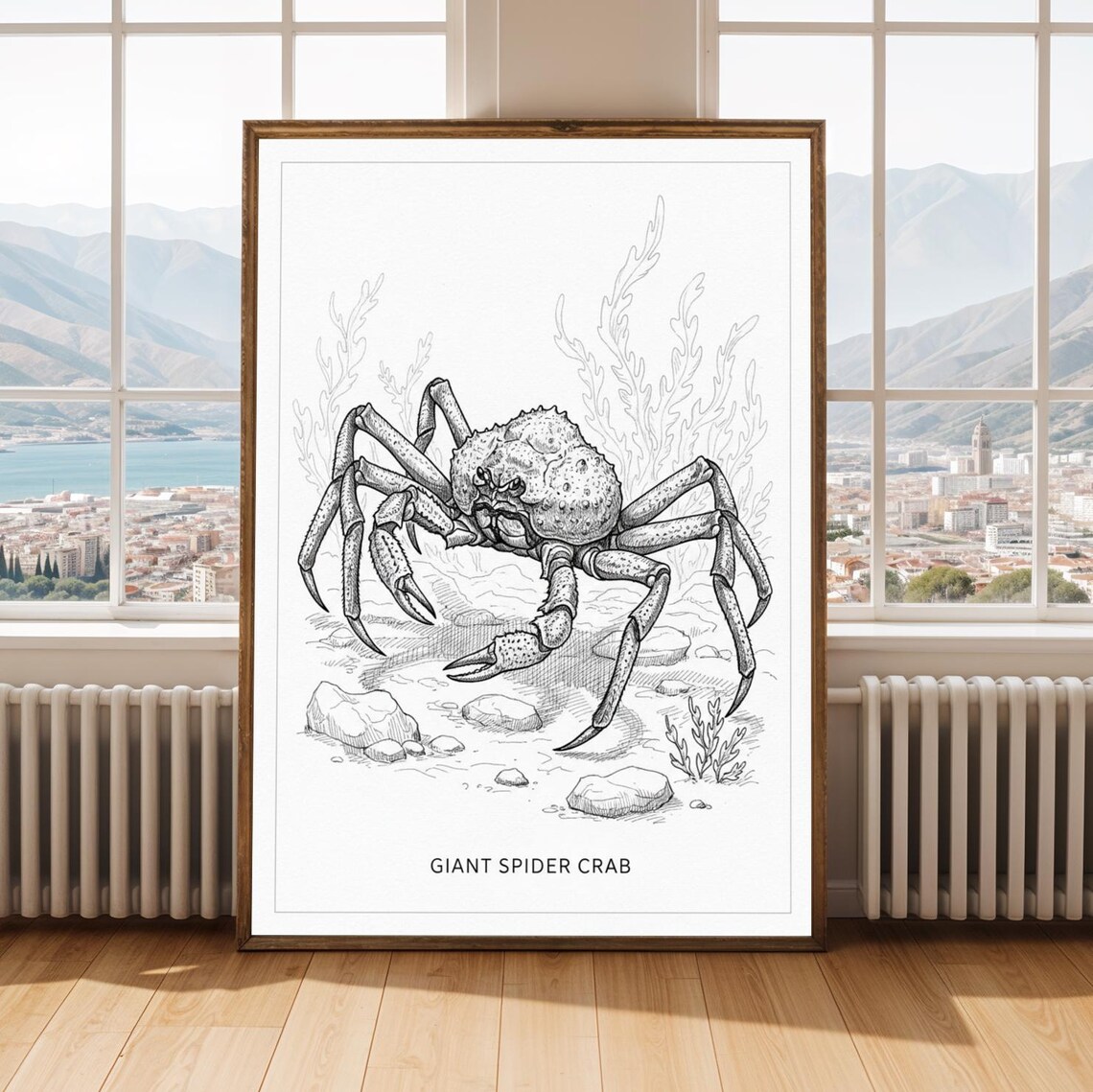Giant Spider Crab Print Black And White Ink Line Art