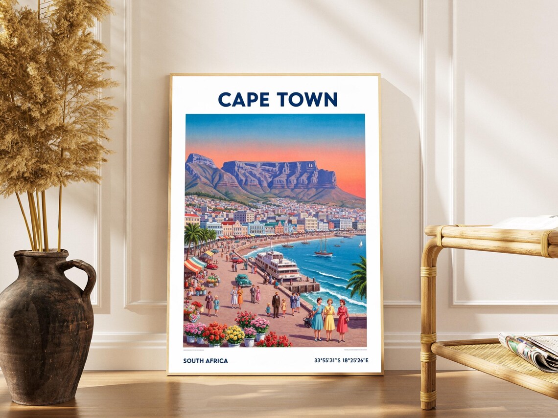 Cape Town South Africa Vintage Travel Poster Table Mountain View