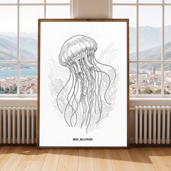 Box Jellyfish Print Black And White Ink Illustration Fine Line Art
