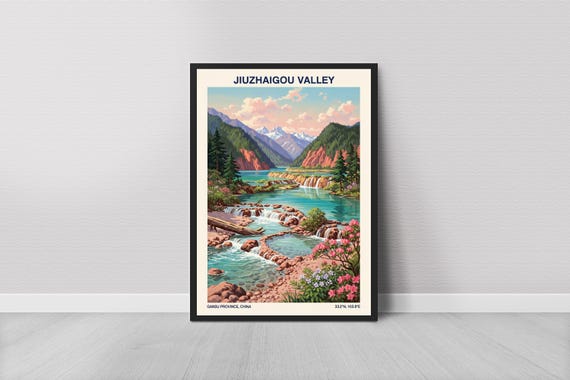 Jiuzhaigou Valley Landscape Poster Vibrant Asian Travel Art Print