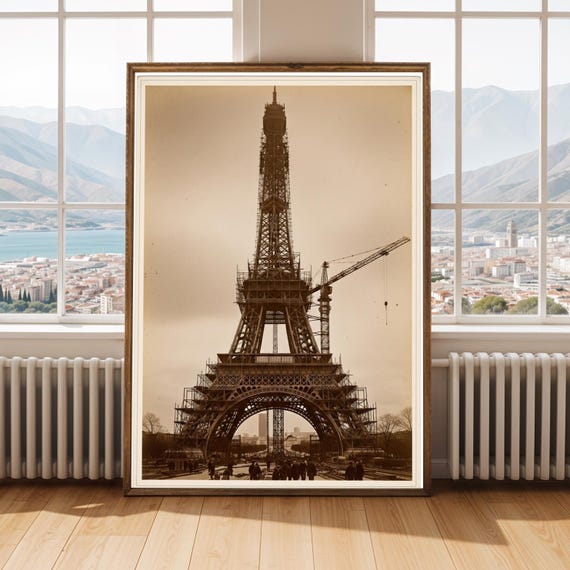 Eiffel Tower Construction Print Sepia Vintage Parisian Photography