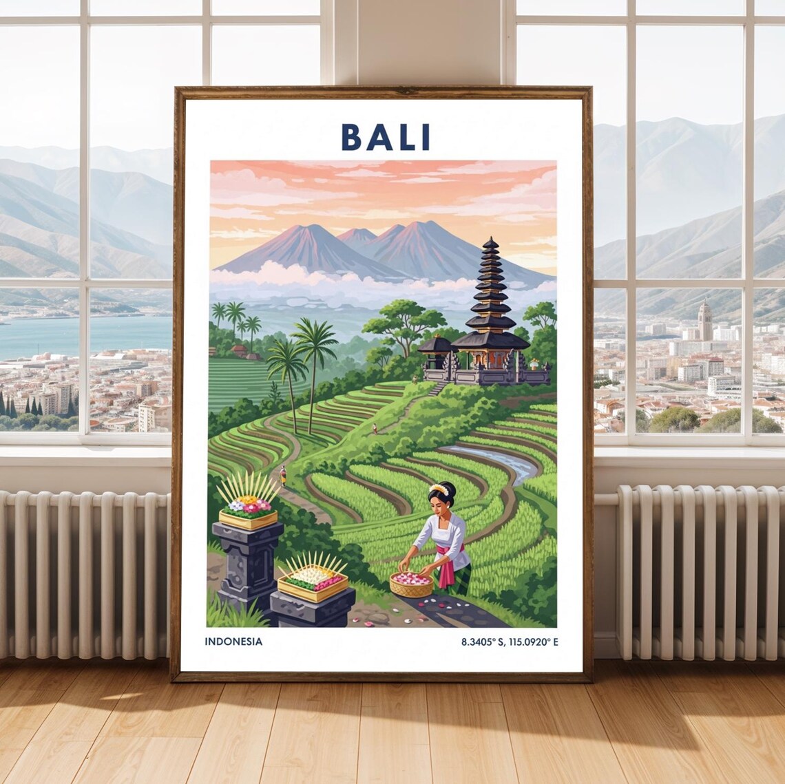 Bali Indonesia Rice Terraces Temple Volcano Vintage Travel Poster