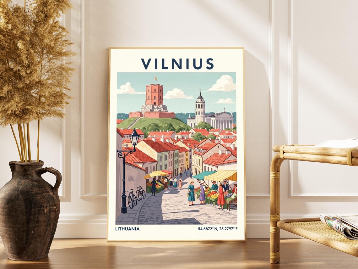 Vilnius Lithuania Vintage Travel Poster with Castle Tower and Market