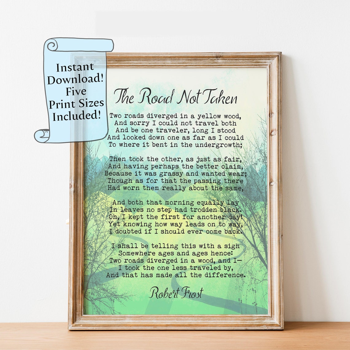 The Road Not Taken Robert Frost Poem Woodland Forest Green Poster
