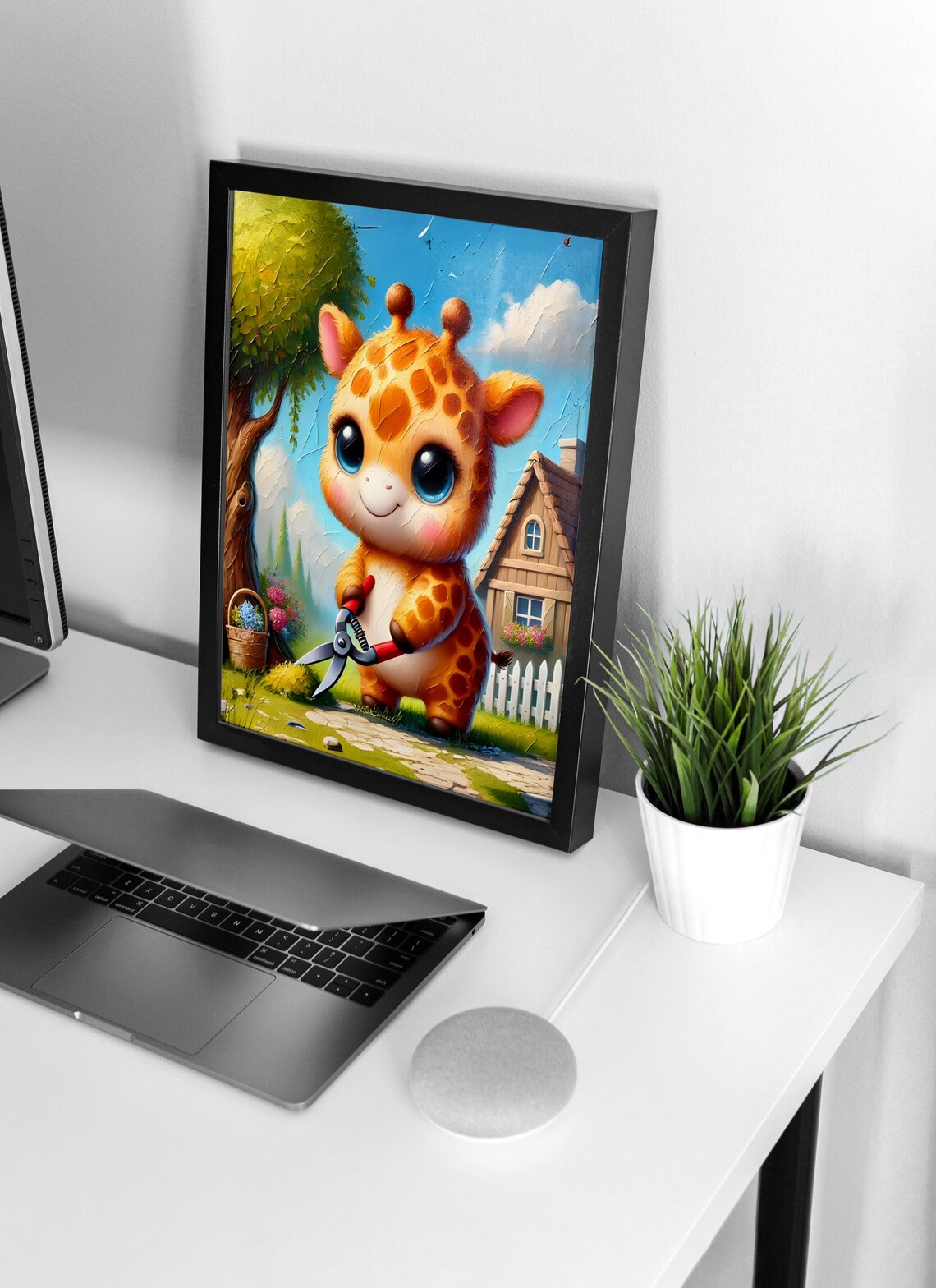 Baby Giraffe Trimming Hedge With Garden Shears Cute Art Poster - Image 4