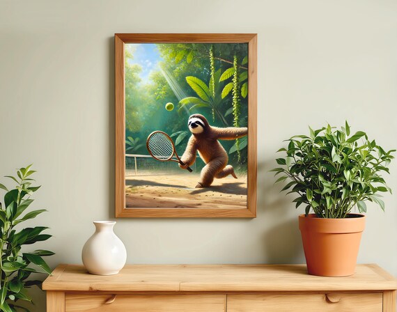 Sloth Playing Tennis On Clay Court In The Jungle Funny Poster
