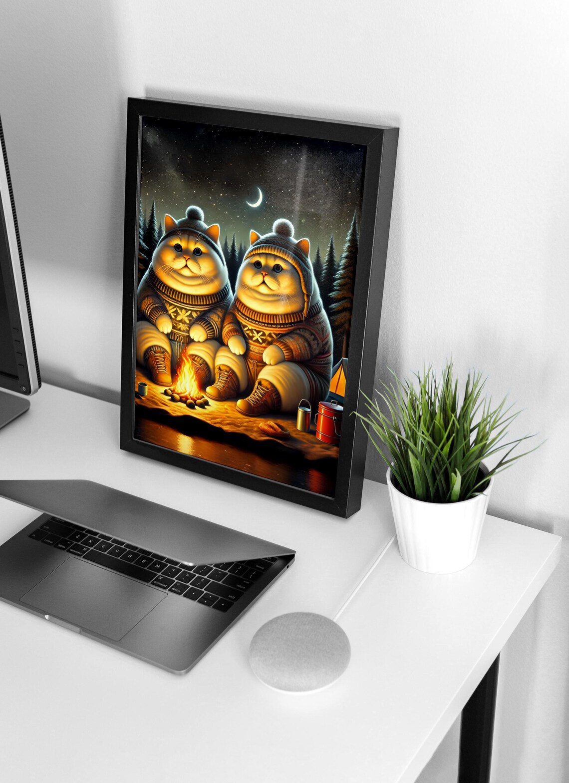 Two Chubby Cats Camping by a Campfire Under the Moon Humor Poster - Image 4