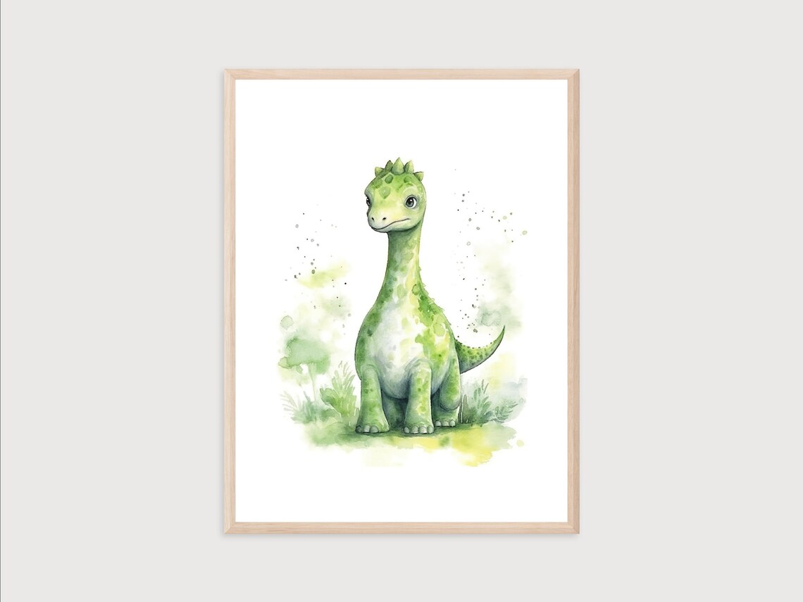 Adorable Green Long Neck Baby Dinosaur Watercolor Nursery Poster