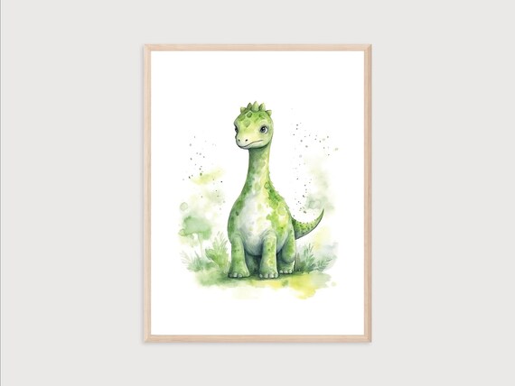 Adorable Green Long Neck Baby Dinosaur Watercolor Nursery Poster